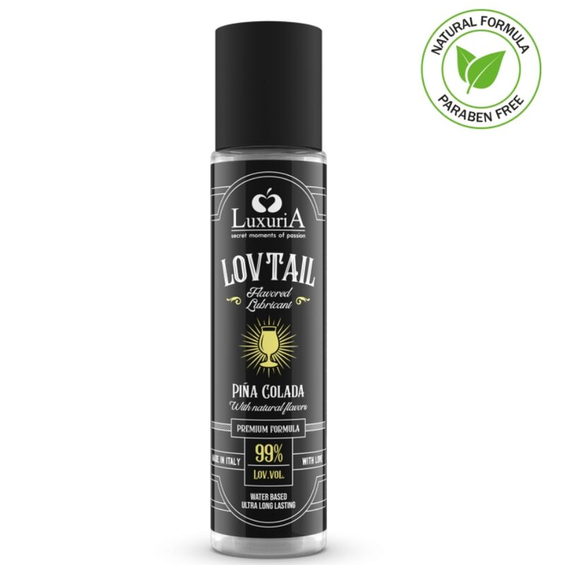 Lubrificante a base d'acqua INTIMATELINE LUXURIA Piña Colada, bottiglia da 60 ml, con etichetta colorata e design elegante