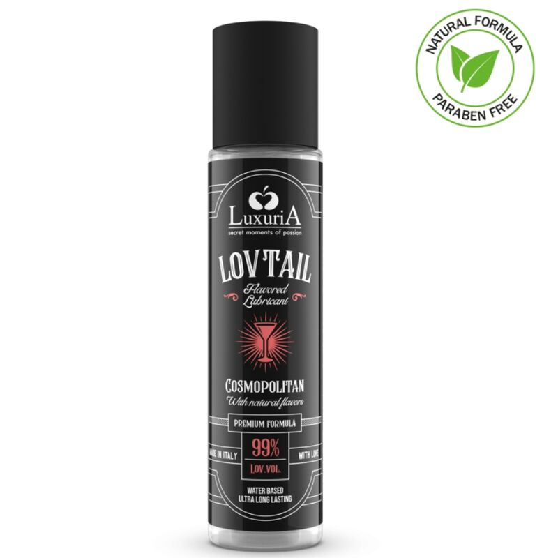 Lubrificante a base acqua IntimaTeline Luxuria Lovtail Cosmopolitan, flacone da 60 ml, in confezione con etichetta colorata.