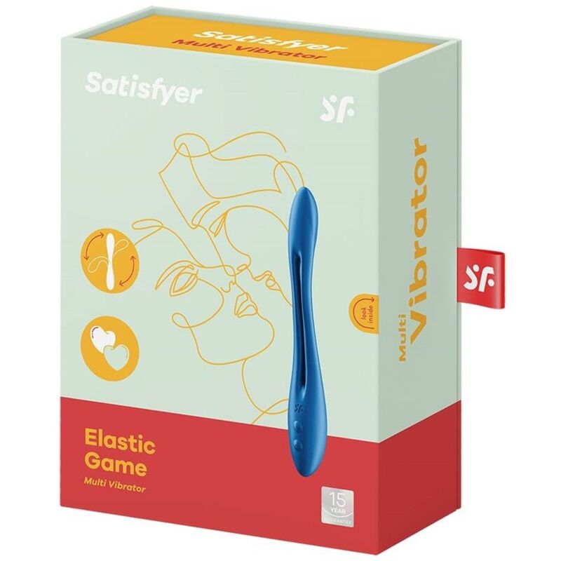Gioco elastico blu SATISFYER con multi vibratore, evidenziando forma flessibile e dettagli del design del vibratore.