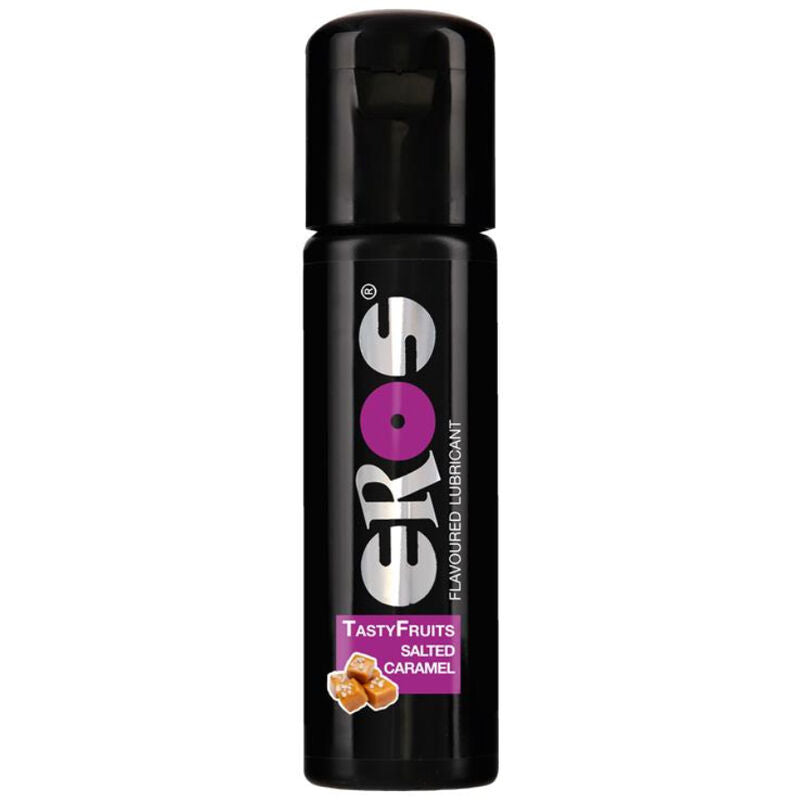 Lubrificante EROS al caramello salato con frutta, 100 ml, crema dolce e gustosa visibile in bottiglia con etichetta colorata