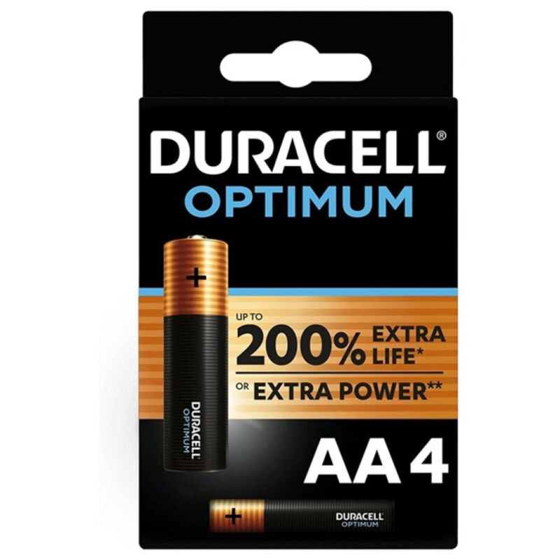 Set di 4 batterie alcaline AA Duracell Optimum 200 LR6, vista delle batterie con confezione.