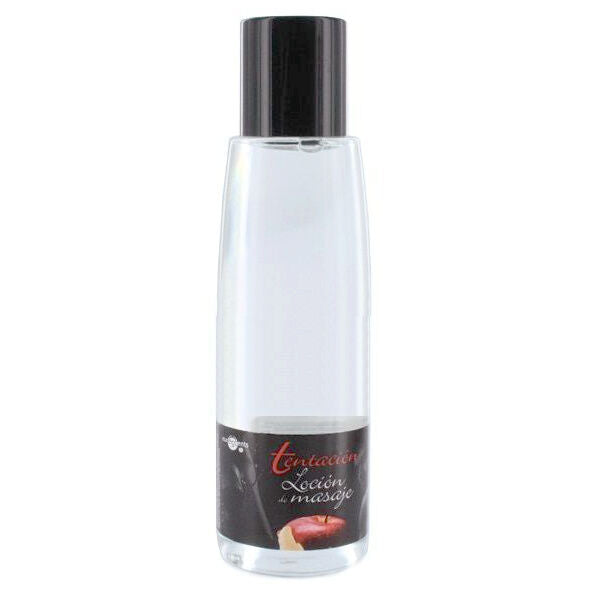 Olio da massaggio sensuale Tentacion al gusto di caramello, bottiglia da 100 ml, con etichetta e tappo.