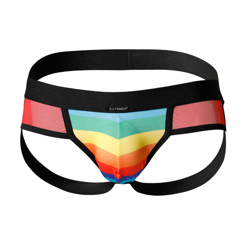 Jockstrap CUT4MEN Miami XL in tessuto elastico nero con design sportivo e supporto frontale, visibile in primo piano.