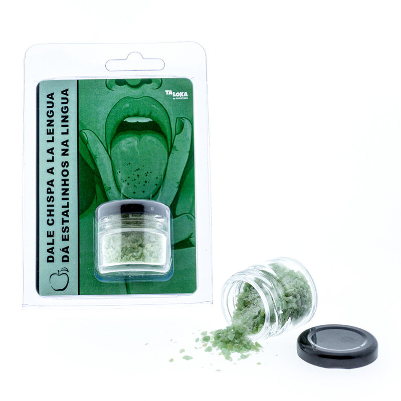 Baci magici alla mela verde di TALOKA, frizzante per la lingua, con dolcezza e freschezza visibile nella confezione.