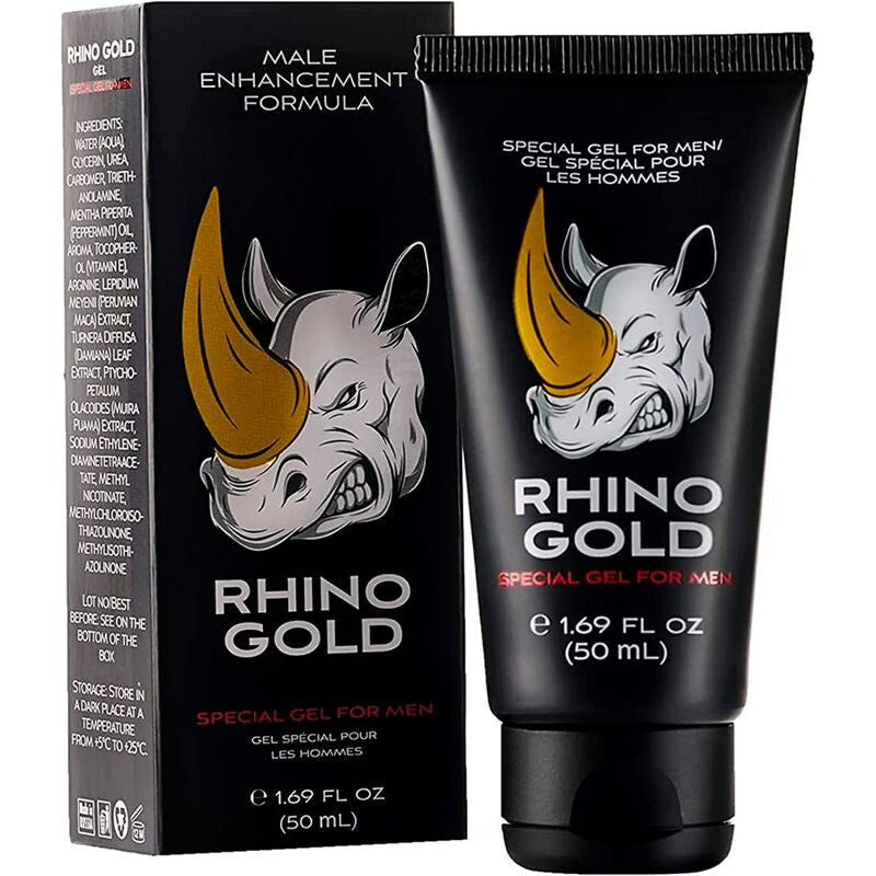 Gel speciale per uomo Rhino Gold in confezione da 50 ml, con tubo visibile e dettagli del prodotto.