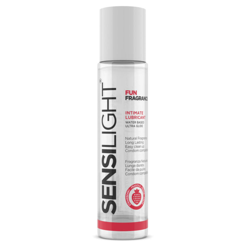 Lubrificante a base acqua Sensilight alla fragola INTIMATELINE, flacone da 60 ml, con etichetta e dettagli del prodotto visibili.