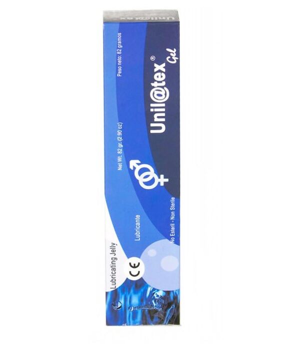 Gelatina lubrificante UNILATEX in confezione da 82g, contenitore con gel trasparente e etichetta sul packaging.