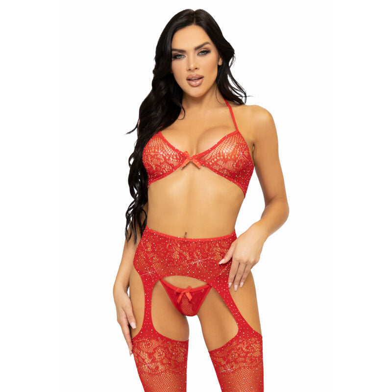 LEG AVENUE - SET TRE PEZZI REGGISENO, PERING E CALZA TAGLIA UNICA - NERO