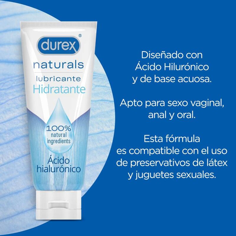 Lubrificante idratante DUREX Naturals in flacone da 100 ml, mostra il packaging del prodotto per uso intimo e idratazione naturale
