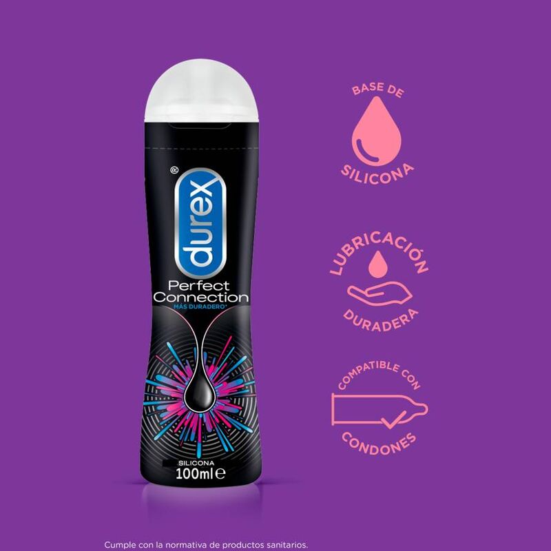 Lubrificante DUREX LUBES per connessione perfetta, bottiglia da 100 ml, mostra il flacone con etichetta blu e tappo bianco.