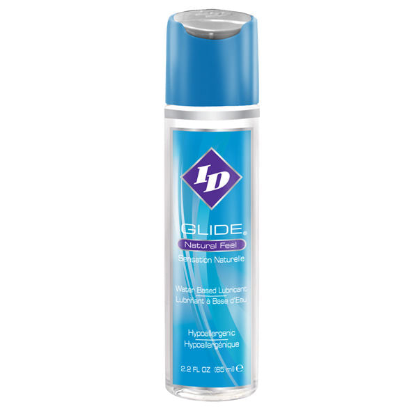 Lubrificante a base acqua ID GLIDE da 65 ml, bottiglia con etichetta bianca e logo, ideale per uso intimo e comfort.