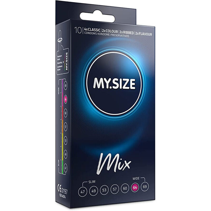 Preservativi MY SIZE MIX da 64 mm in confezione da 10 unità, immagine con scatola e preservativi.