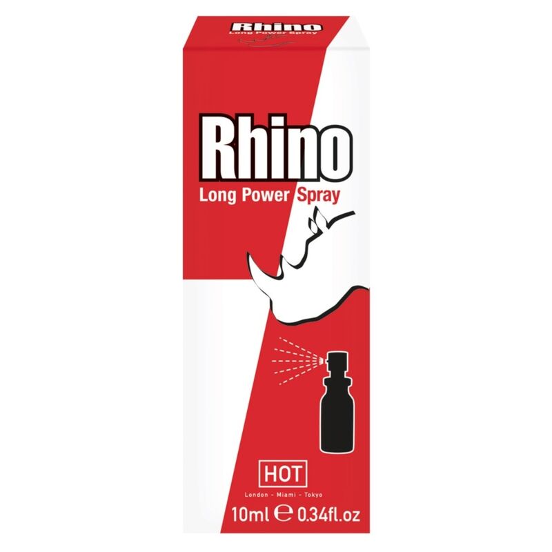 Spray Hot Rhino Long Power da 10ml, confezione con spray nero e dettagli blu, ideale per potenziare le prestazioni.