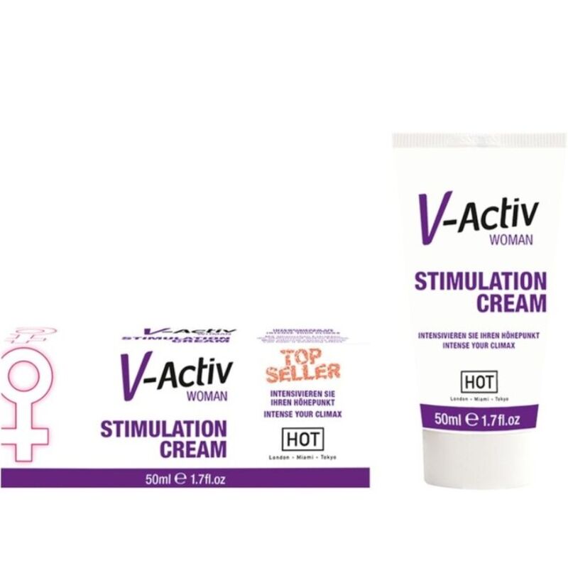 Crema stimolante donna HOT V-ACTIV da 50ml, tubo con confezione elegante visibile nell'immagine.
