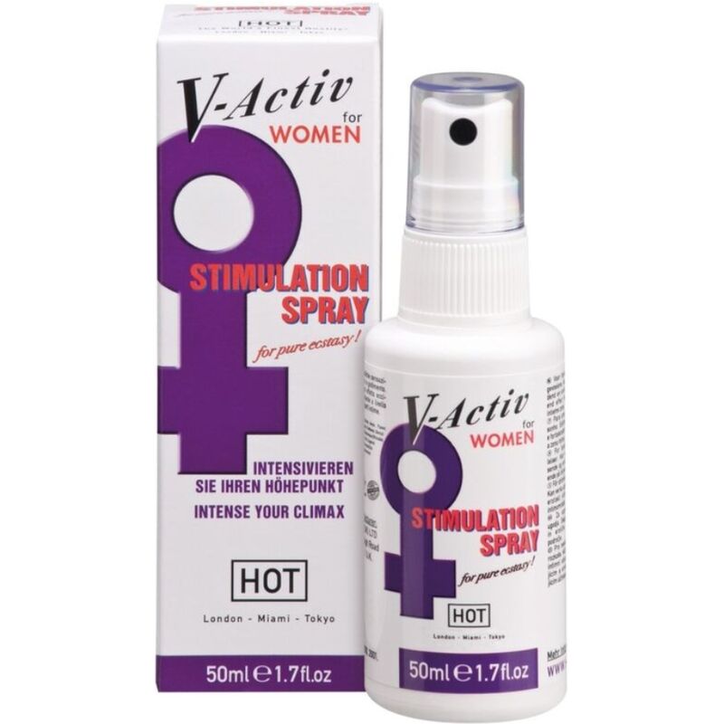 Spray penis V-Activ Power Donna di Hot, flacone da 50ml, con spray spray e etichetta con dettagli del prodotto