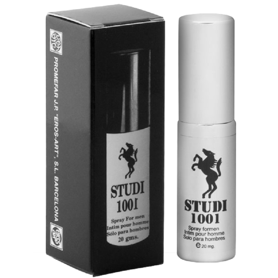 Spray ritardante EROS-ART STUDI 1001 da 20 ml, flacone con etichetta e spray, per prolungare l'atto sessuale.