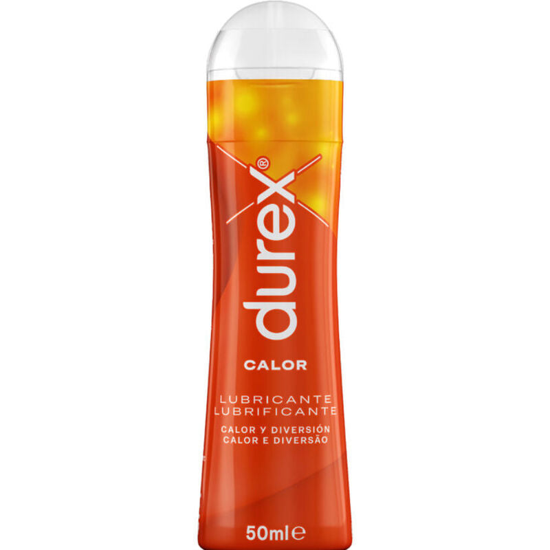 Lubrificante Durex Play effetto calore in bottiglia da 50 ml, con etichetta visibile e dettagli del prodotto.