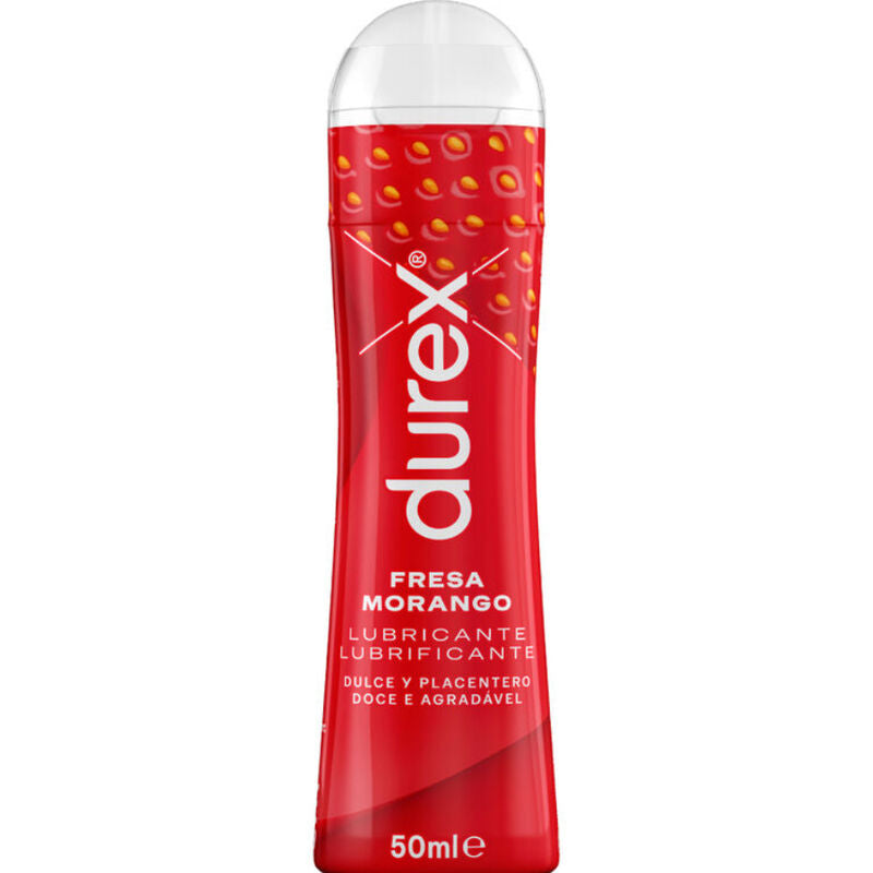 Lubrificante DUREX PLAY Fragola da 50 ml, bottiglia con etichetta rossa e logo DUREX LUBES, visibile in primo piano.