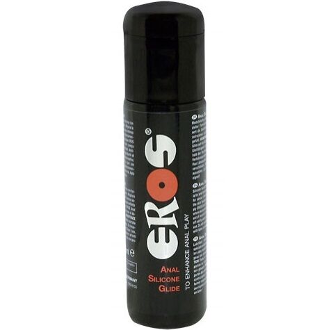 Lubrificante anale al silicone EROS Classic Line, bottiglia da 100 ml con etichetta e flacone di gel lubrificante.