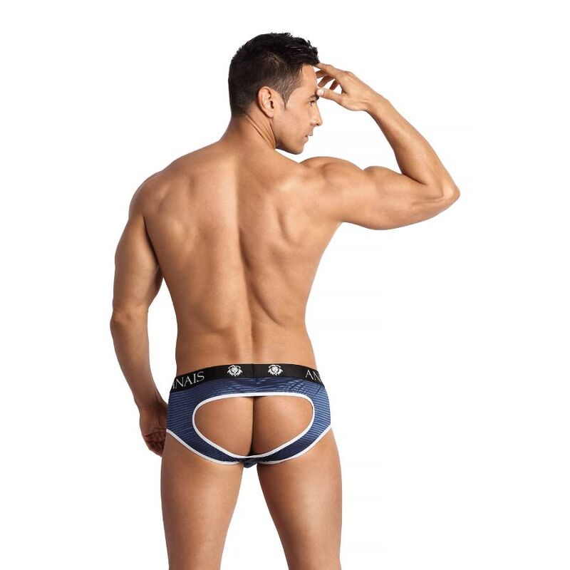 Slip bikini ANAIS MEN Naval Jock L, costume da bagno maschile con design nautico, in tessuto elastico blu e bianco, taglia L.