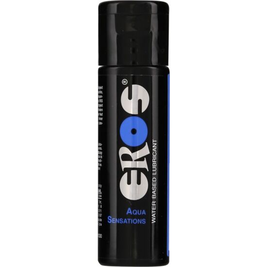 Lubrificante a base acqua EROS Aqua Sensazioni di EROS Classic Line, contenuto da 30 ml, bottiglia con etichetta blu in primo piano.