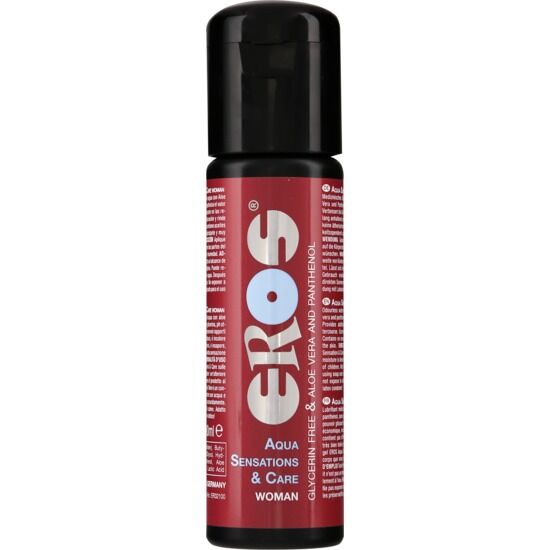 Lubrificante medico a base acqua EROS Classic Line per donna, bottiglia da 100 ml, con etichetta e tappo sullo sfondo.