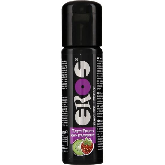 Lubrificante EROS Classic Line gusto frutta fragola e kiwi, bottiglia da 100 ml, con etichetta colorata e dettagli sul prodotto