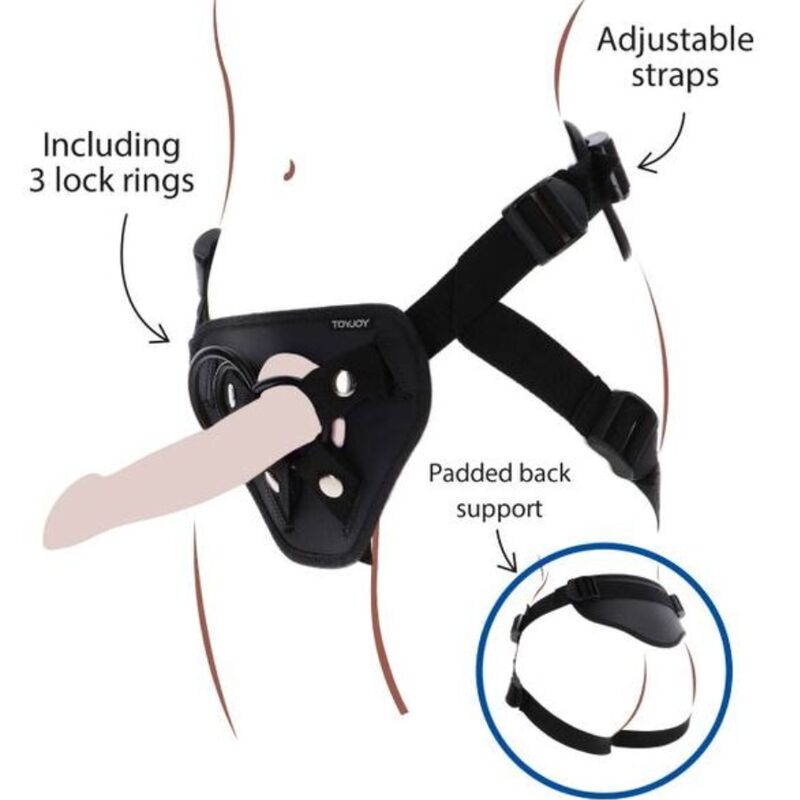 Imbracatura deluxe con cinturino nero di GET REAL, resistente e comoda, vista dall'immagine con dettagli in tessuto e chiusure robuste.