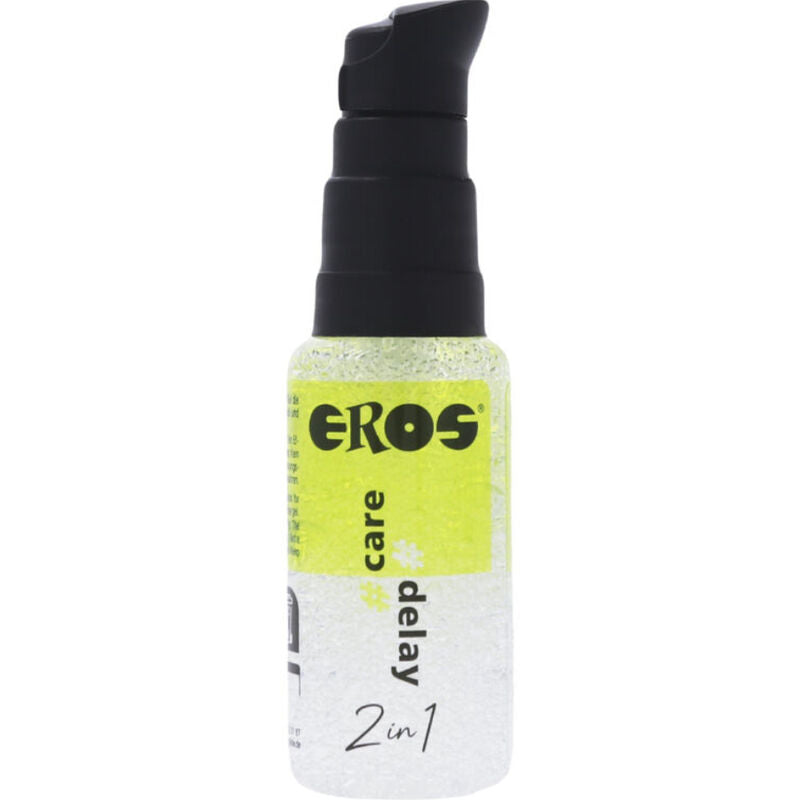Gel lubrificante EROS LUBE CARE DELAY da 30 ml, prodotto per il comfort e il ritardo, in una bottiglia con etichetta blu.