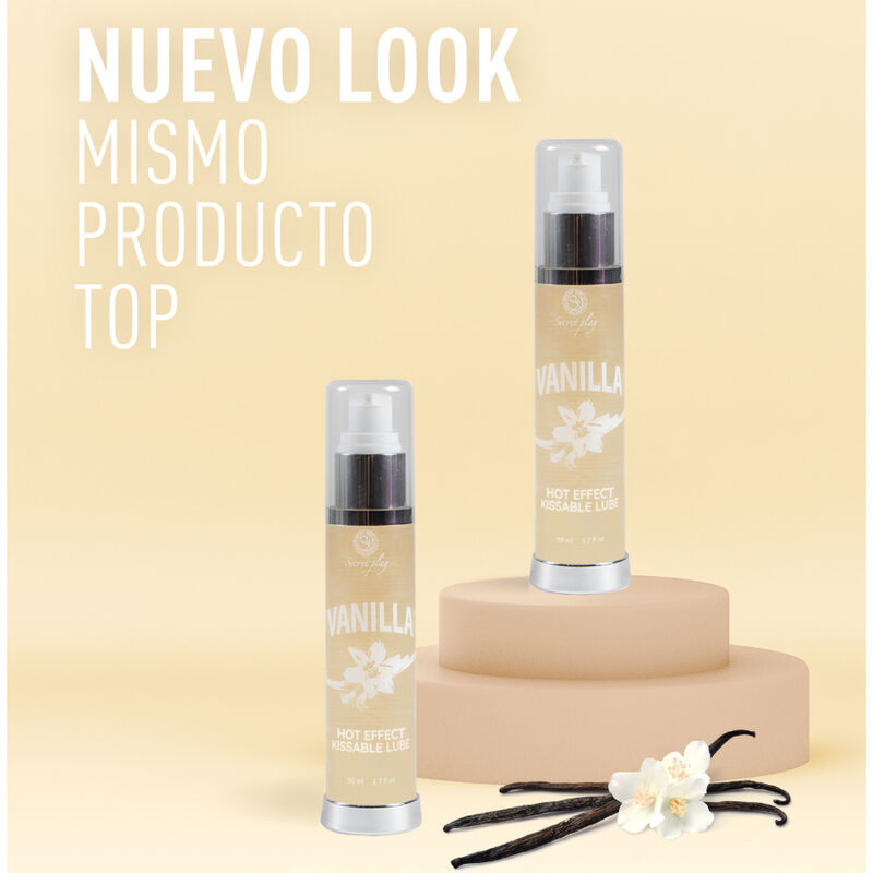 Lubrificante 2-in-1 SECRETPLAY con effetto calore e aroma vaniglia, flacone da 50 ml, per massaggi e piacere intimo.