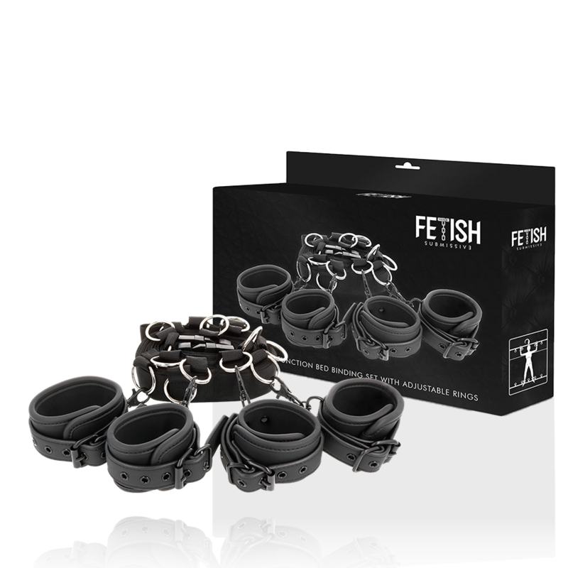 Set di cravatte da letto FETISH SUBMISSIVE BONDAGE con fodera in neoprene, mostra le cravatte nere e i dettagli del tessuto.