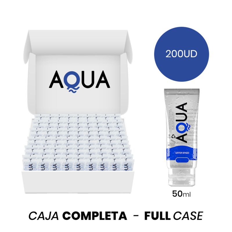 Lubrificante a base acqua Aqua Quality da 50 ml, bottiglia con etichetta blu e contenuto trasparente.