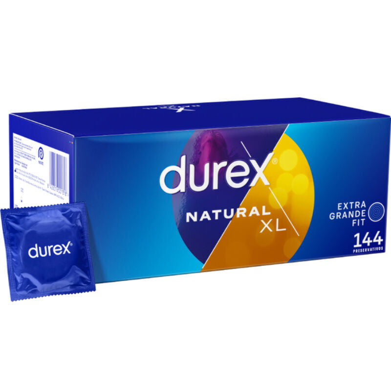 Confezione di preservativi Durex Extra Large XL, 144 unità, mostrando il packaging e i preservativi all’interno.