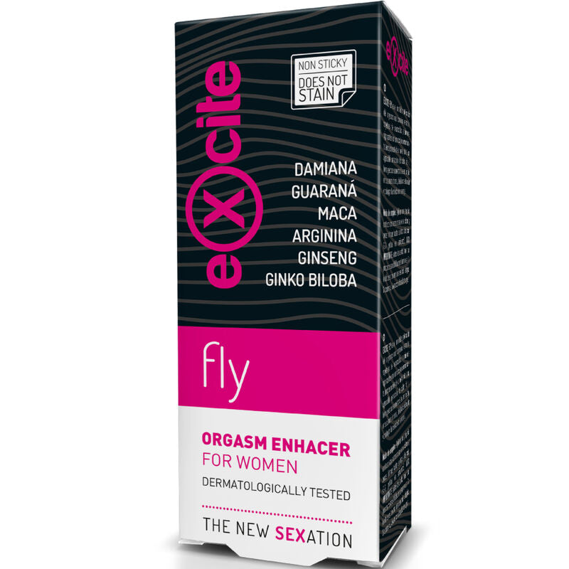Profumo EXCITE VOLARE da 20 ml in bottiglia elegante, con etichetta colorata e vapori che si diffondono nell'aria.