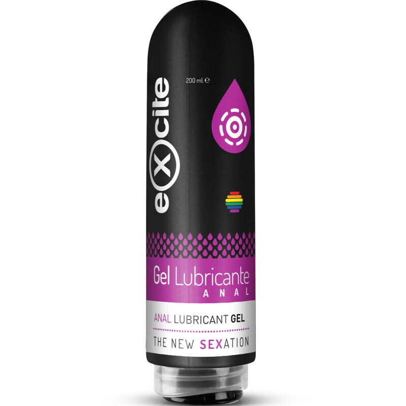 Lubrificante anale EXCITE da 200 ml con bottiglia trasparente e etichetta, ideale per piacere e comfort.