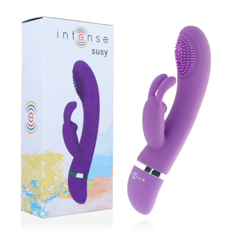 Vibratore oscillante in silicone color lilla con forma a coniglio, prodotto INTENSE FUN, usato per stimolazione intima.