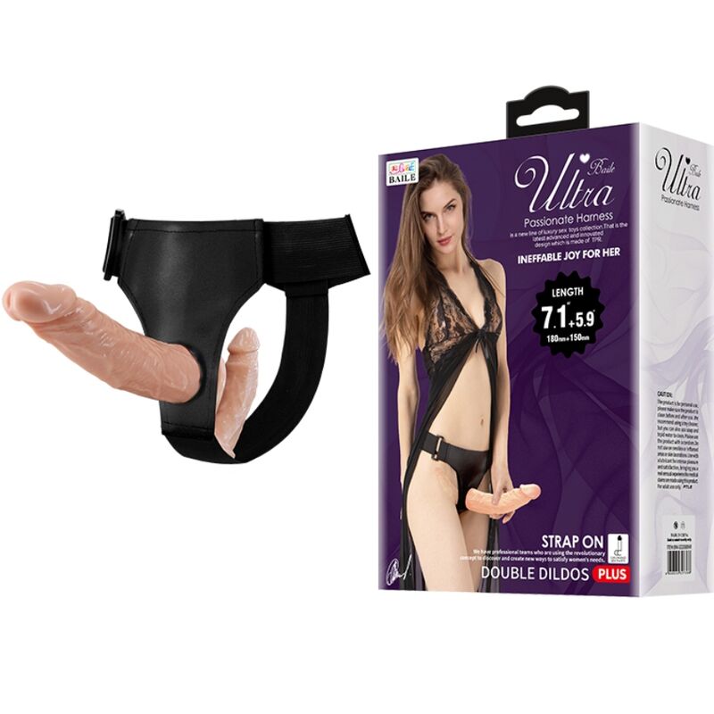 Doppio dildo BAILE Ultra Appassionata con imbragatura, prodotto della collezione BAILE HARNESS COLLECTION, in dettaglio.