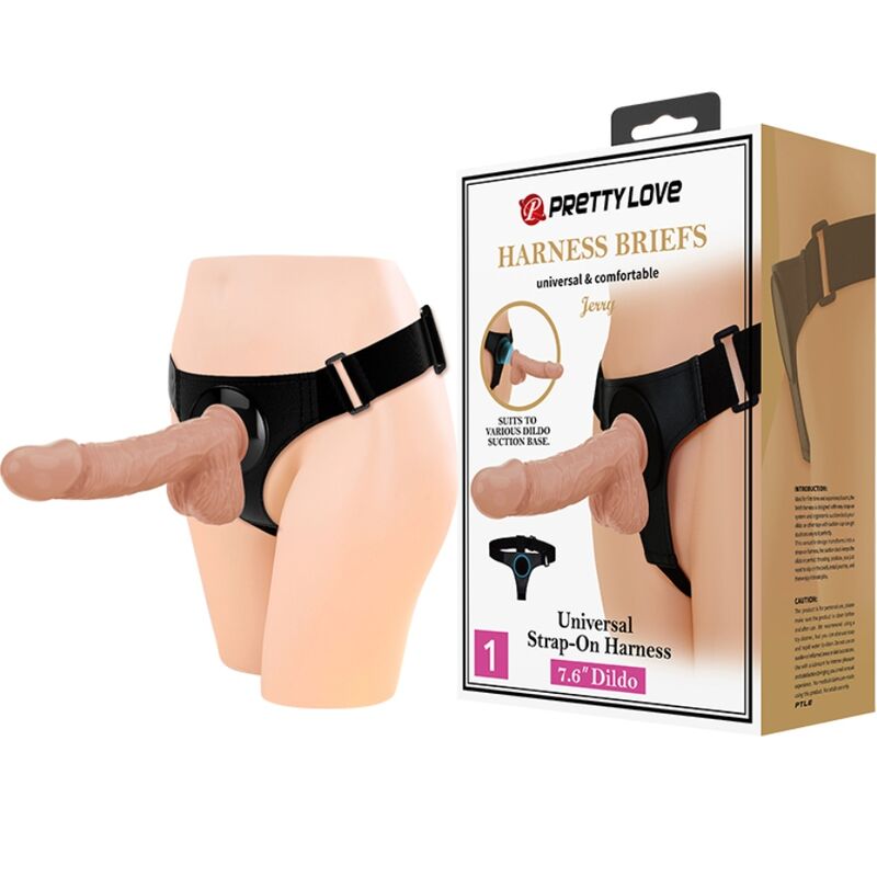 Imbragatura slip universale PRETTY LOVE con dildo naturale da 21,8 cm, dettagli in tessuto morbido e resistente.