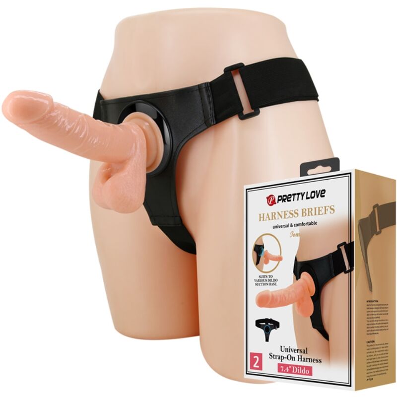 Imbragatura slip universale PRETTY LOVE con dildo naturale lungo 20 cm, dettagli in tessuto elastico e comodo design.