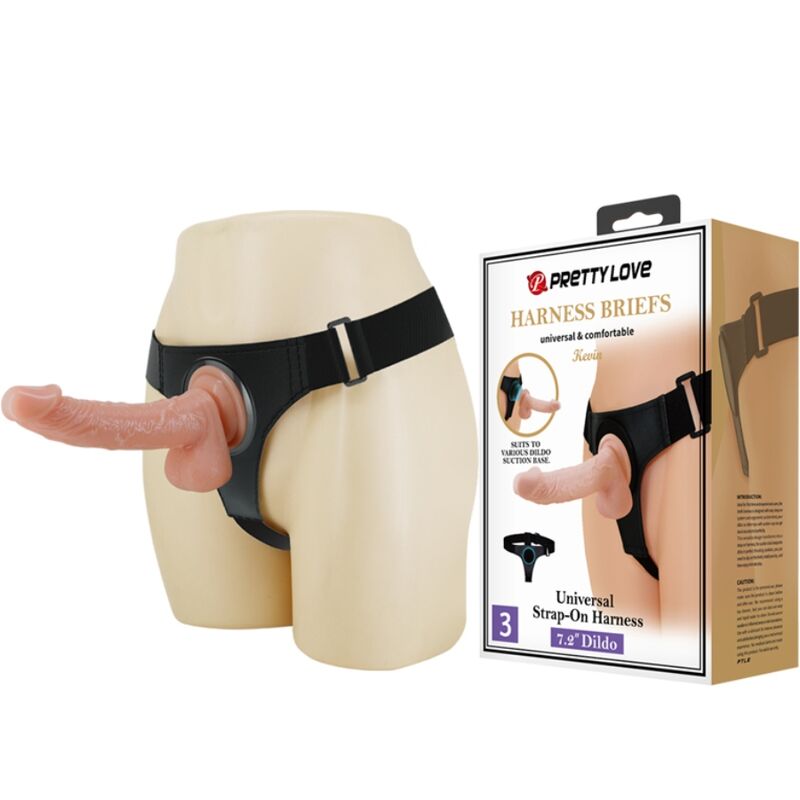 Imbragatura slip universale PRETTY LOVE con dildo Kevin di 19 cm, color naturale, materiale morbido e realistico.