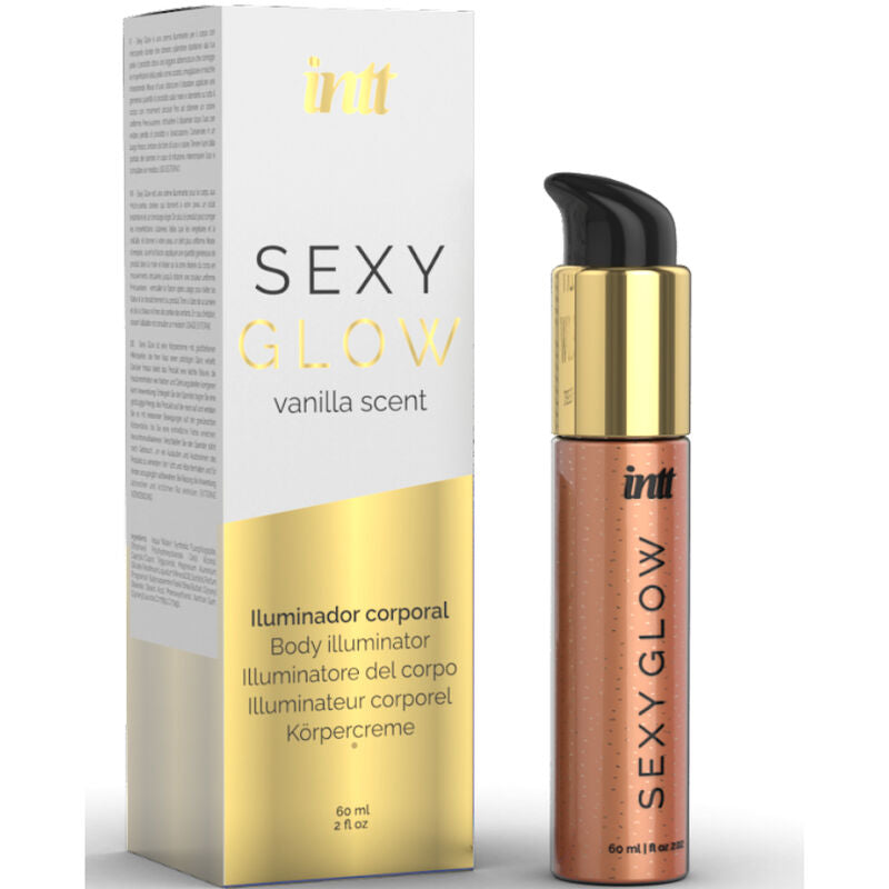 Crema corpo illuminante Sexy Glow di INTT RELEASES, confezione con tubo e dettagli del prodotto in primo piano