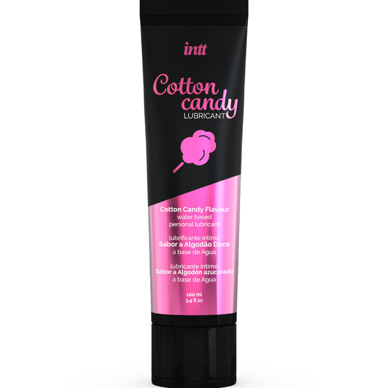 Lubrificante intimo a base acquosa INTT LUBRICANTS dal delizioso sapore di cotone dolce, confezione con flacone bianco e etichetta.