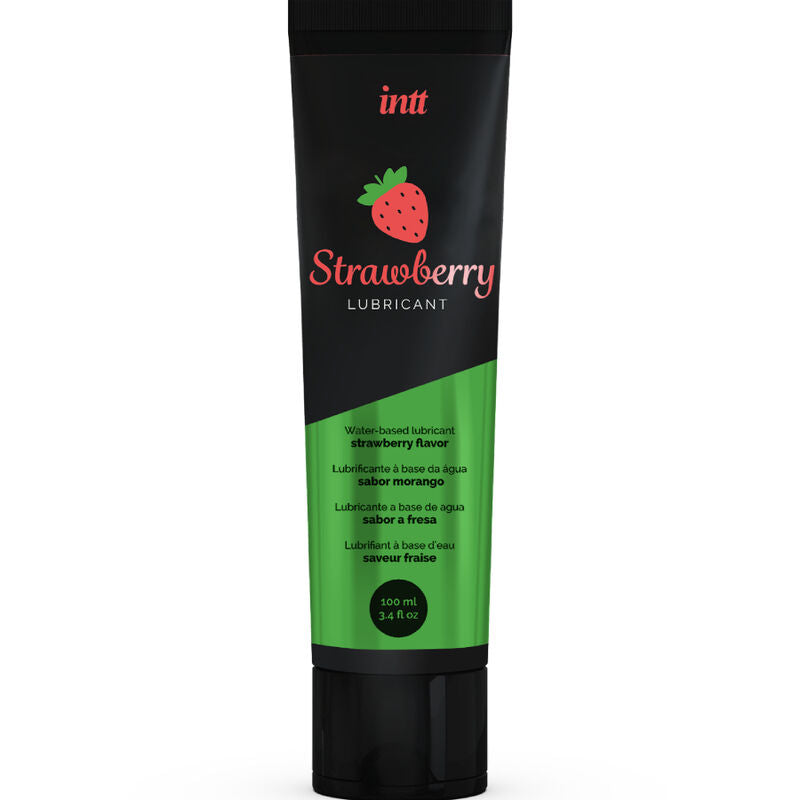 Lubrificante intimo a base acquosa INTT LUBRICANTS con gusto fragola, bottiglia con etichetta visibile e prodotto in primo piano.