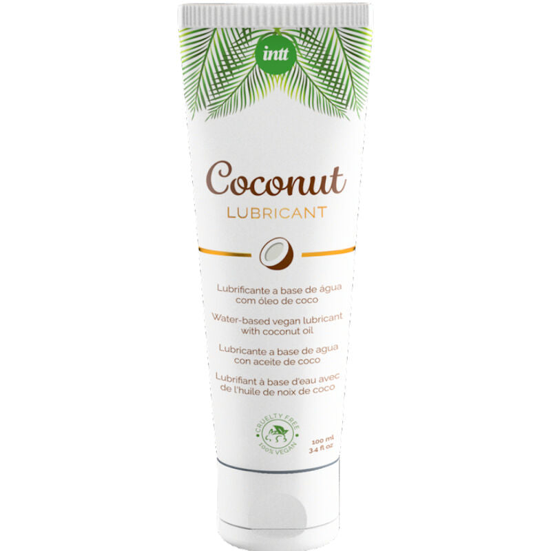 Lubrificante vegano a base acqua INTT VEGAN LINE con aroma intenso di cocco, visibile in questa immagine.