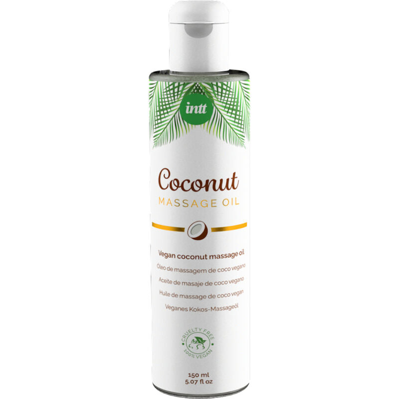Olio da massaggio vegano INTT VEGAN LINE con aroma dolce e rilassante di cocco, in bottiglia trasparente.