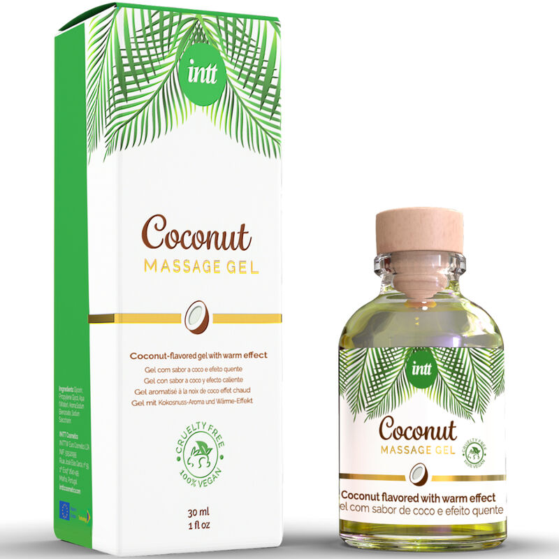 Gel da massaggio vegano INTT VEGAN LINE al gusto di cocco, con effetto riscaldante, in tubo da 100 ml.