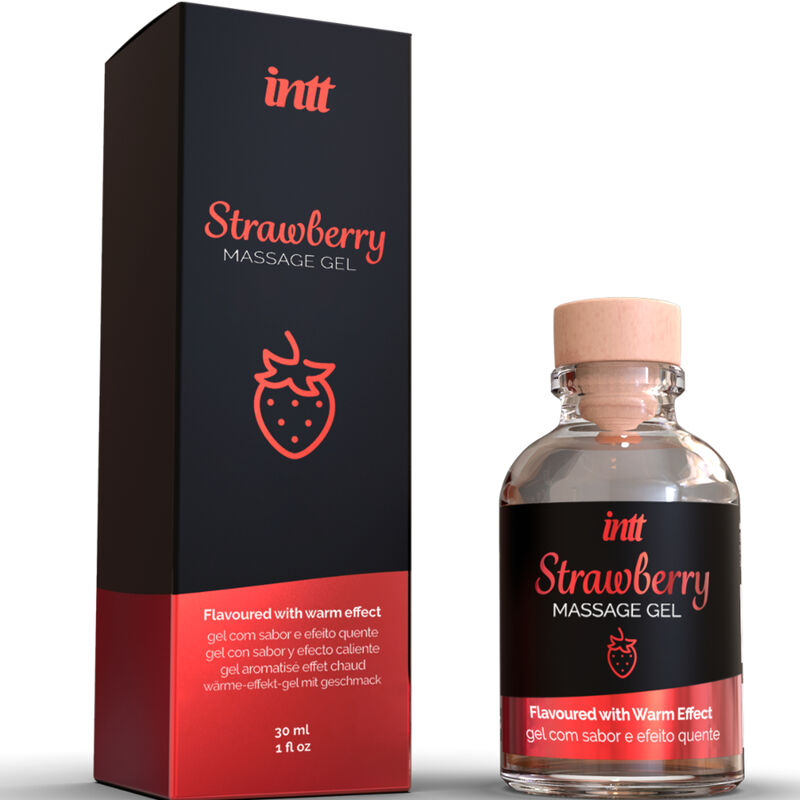 Gel da massaggio e sesso orale INTT MASSAGE & ORAL SEX al gusto di fragola con effetto caldo, visibile nella bottiglia con etichetta.