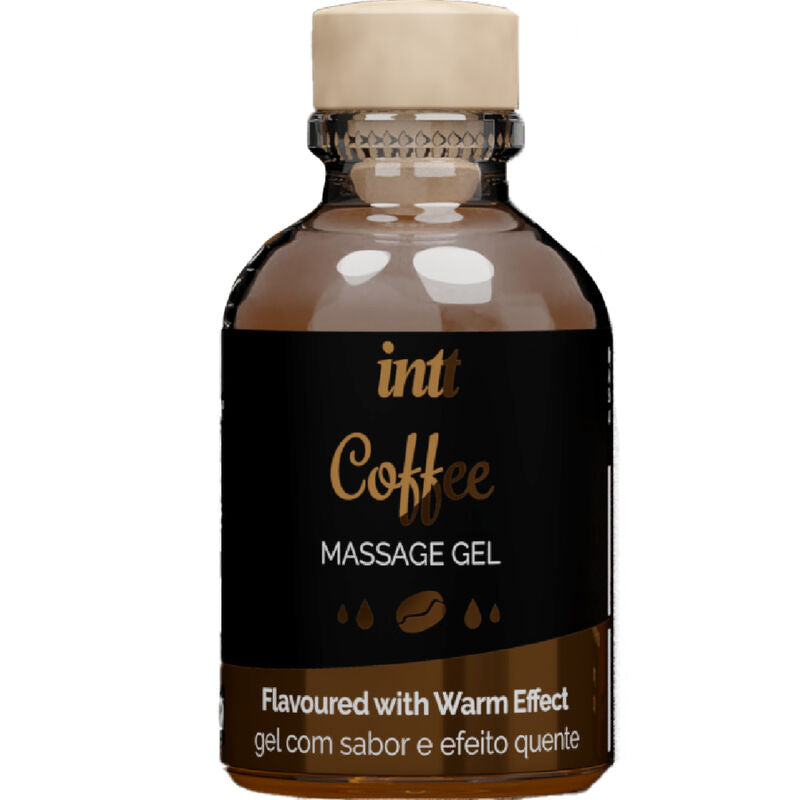 Gel da massaggio e sesso orale INTT MASSAGE & ORAL SEX al gusto di caffè con effetto caldo, liquido trasparente in flacone.