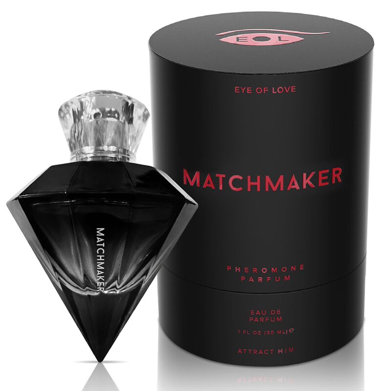 Profumo EYE OF LOVE Matchmaker Black Diamond LGBTQ con feromoni per lui, 30 ml, bottiglia elegante e moderna.