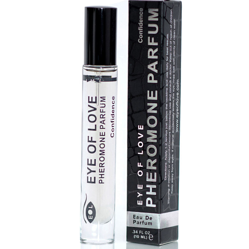 Flacone da 10 ml di profumo con feromoni EYE OF LOVE EOL Confidence, design elegante e tappo nero, visibile sulla bottiglia.